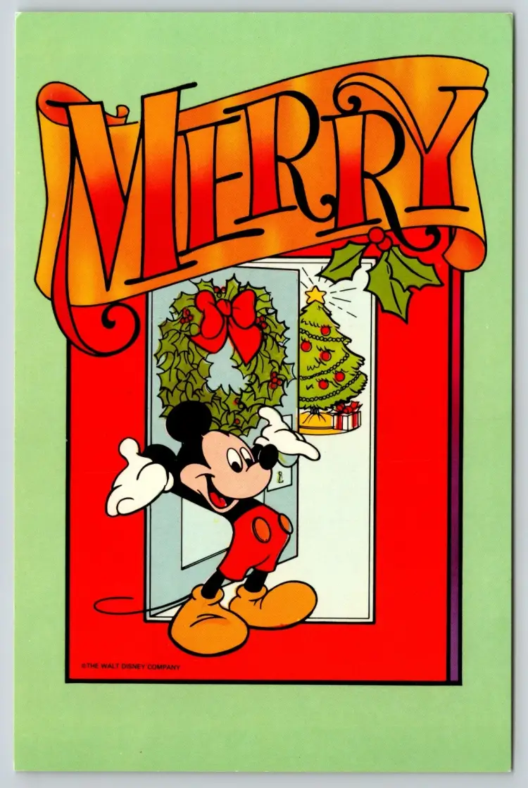 Postcard Mickey Mouse Merry Christmas Walt Disney Holiday Wreath and Tree c1980 - 14834