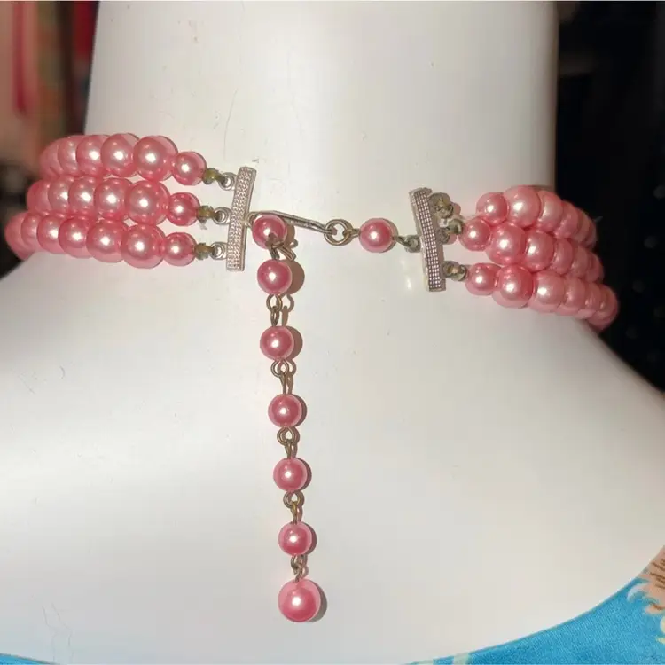 Vintage Triple Strand Pink faux Pearl Necklace