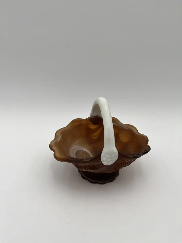 Vintage Imperial Marbled Brown White Caramel Swirl Slag Glass Handle Basket 5.5"