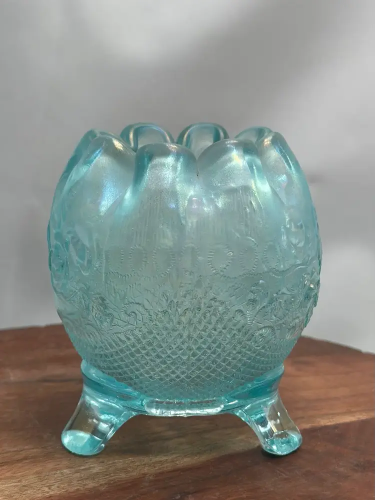 Vintage Northwood Fine Cut & Rose Fancy Interior Ice Blue Carnival Glass Footed Bowl