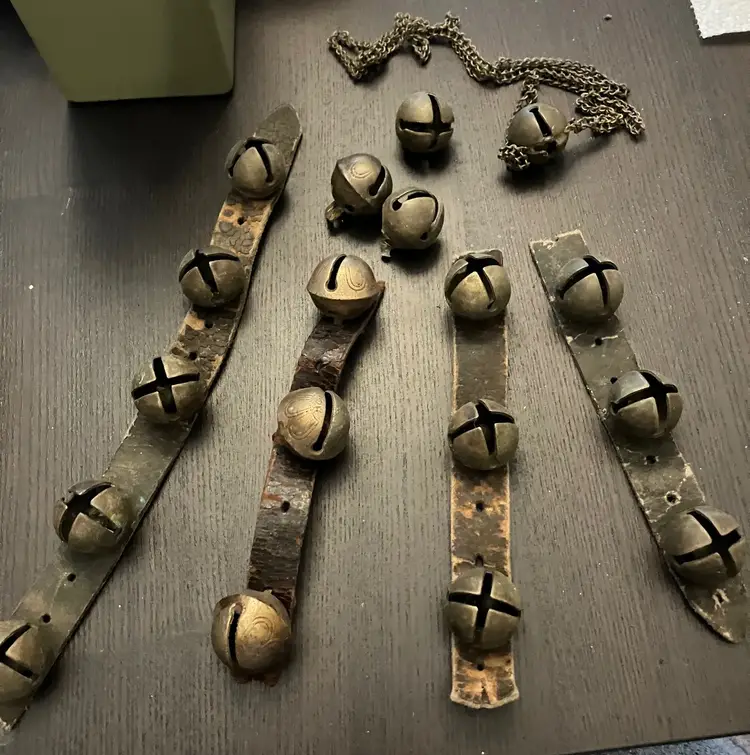 Antique Sleigh Bells on Leather Straps and Chains 18 total bells
