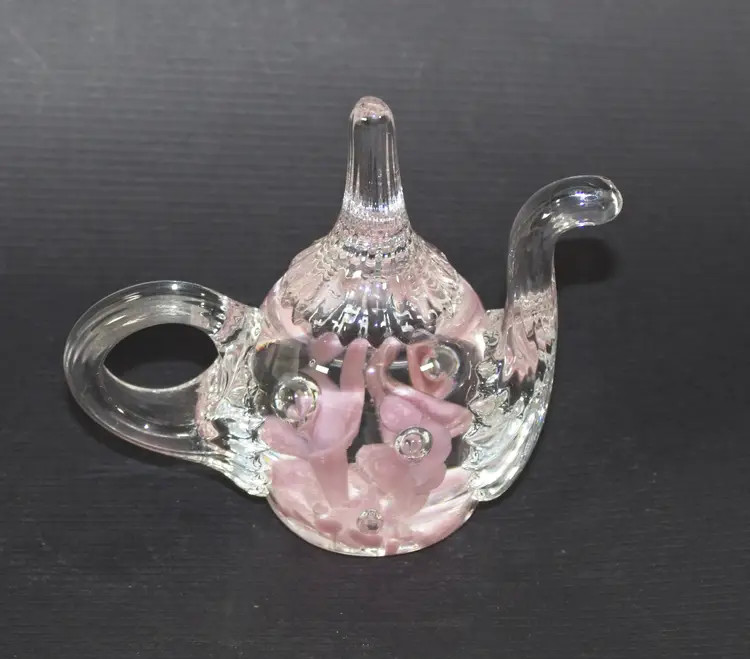 Joe Rice Glass Teapot Ring Holder Paperweight Pink Flowers 2013