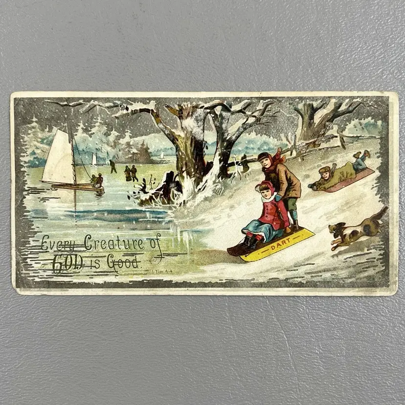 Victorian Trade Card Snow Sledding Children Dog Lake Boat God Is Good 5x2.5"