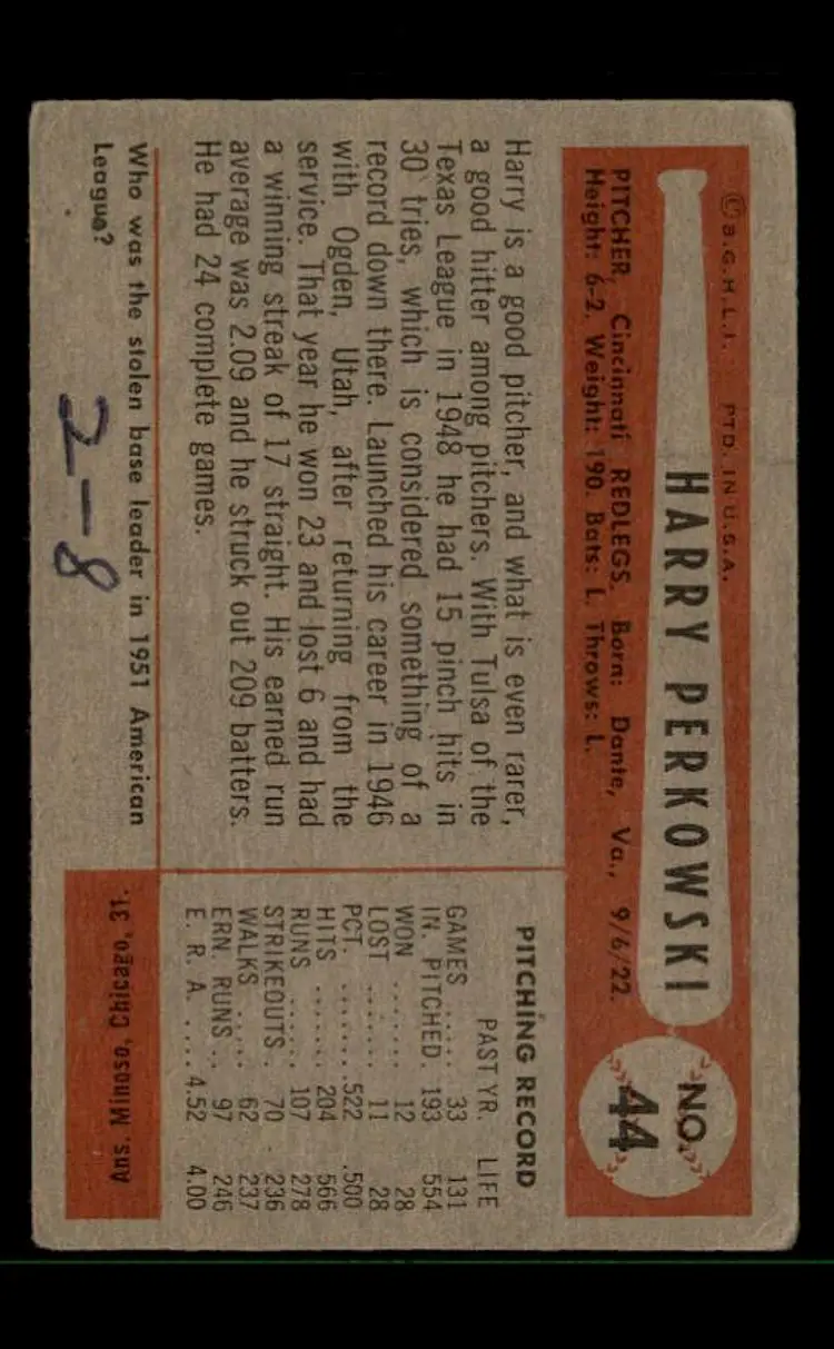 1954 Bowman #44 Harry Perkowski - (pk-tl3) - Cincinnati Redlegs