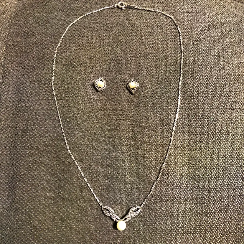 Vintage Avon Marcasite and Faux Pearl Necklace and Earrings Set
