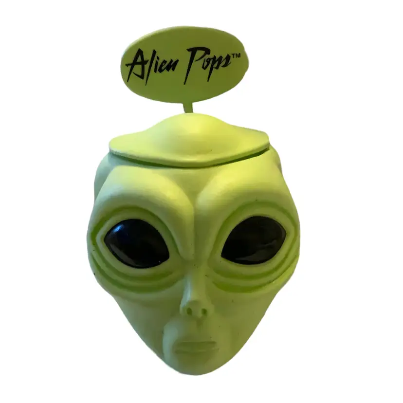 Alien Pops TM Lime Green Blow Mold Plastic Alien Head Lollipop Display Container Sci Fi, 1997