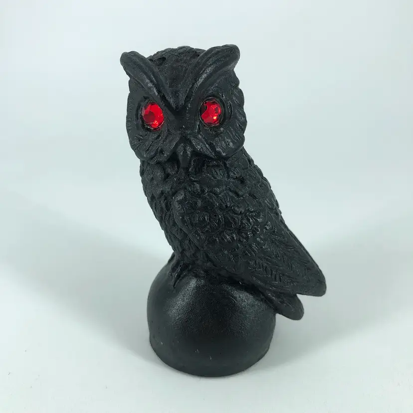 Hand-Crafted from Coal Owl Figurine with Red Rhinestone Eyes