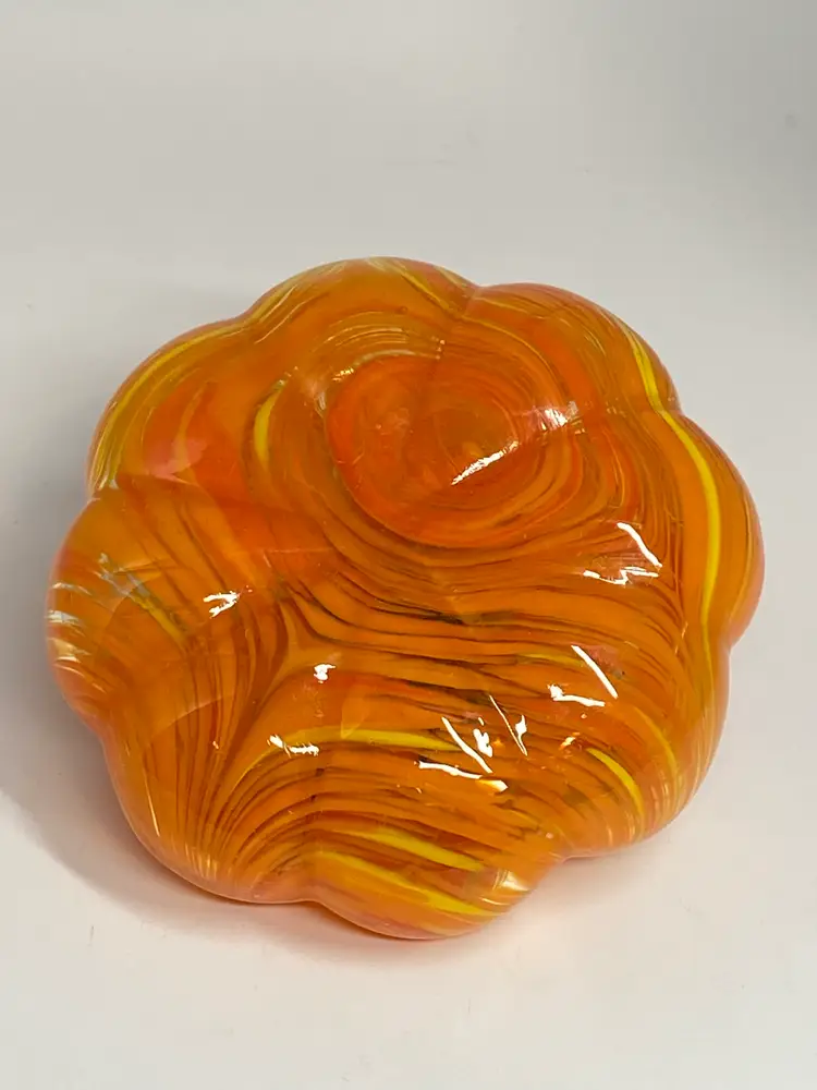 Orange and Yellow Swirl Design Glass Pumpkin Paperweight, 4.25" Diameter