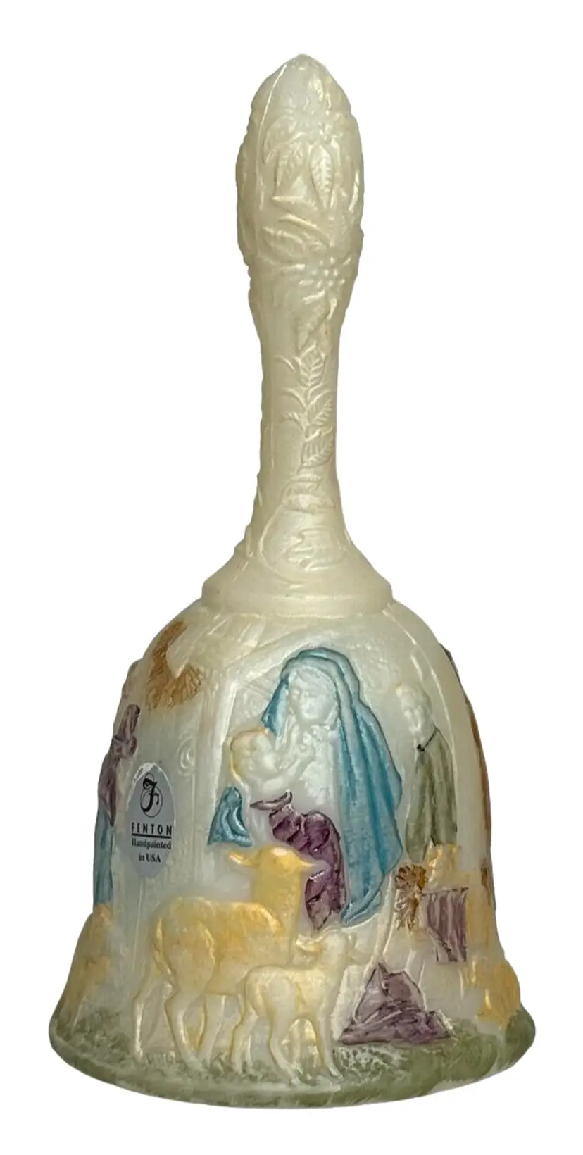 Fenton Hand Bell Nativity Scene Numbered Signed Artist J. L. Barnum Sticker HP
