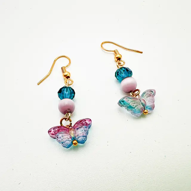 Butterfly Glass Bead Earrings Blue Purple Gold Tone Handmade 2