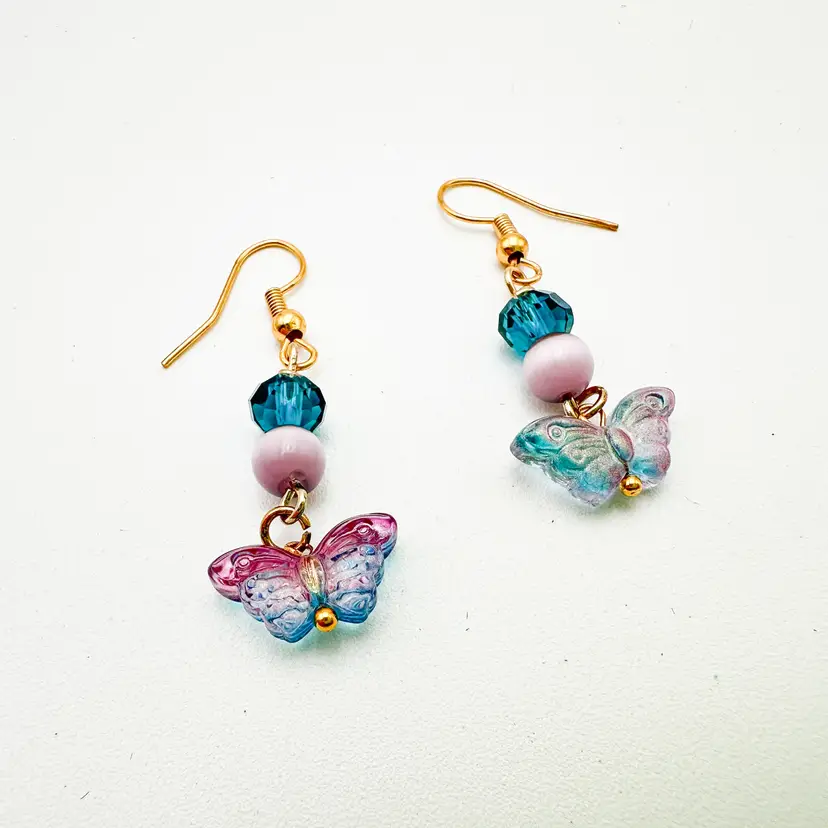 Butterfly Glass Bead Earrings Blue Purple Gold Tone Handmade 2"