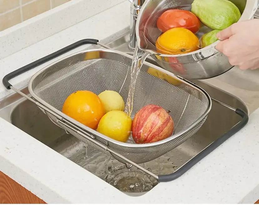 New Unused Stainless Steel Over the Sink Colander Strainer Basket