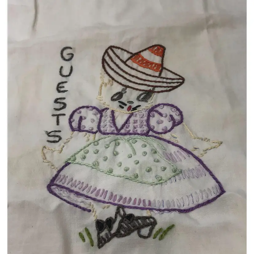 Vintage Hand Embroidered Mexican Sombrero Cat Kitty Guest Fingertip Towel