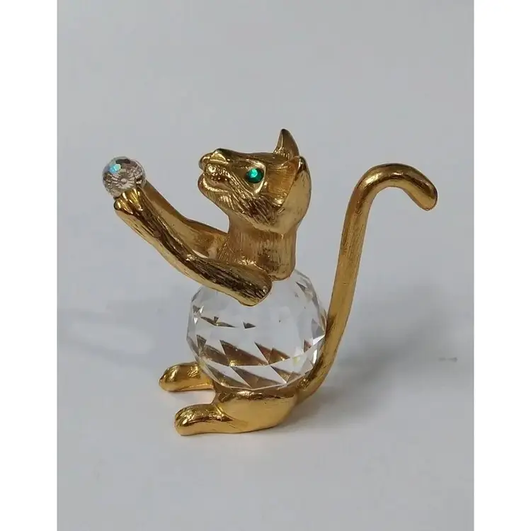 SWAROVSKI CRYSTAL AND GOLD FIGURINE CAT HOLDING BALL 5" HIGH