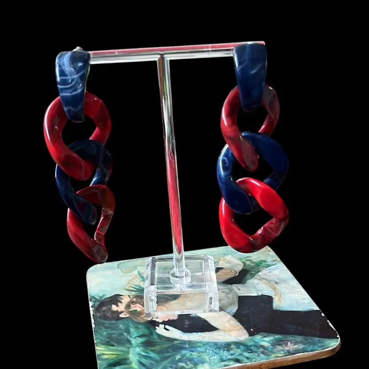 Navy And Red Dangly Lucite Earrings