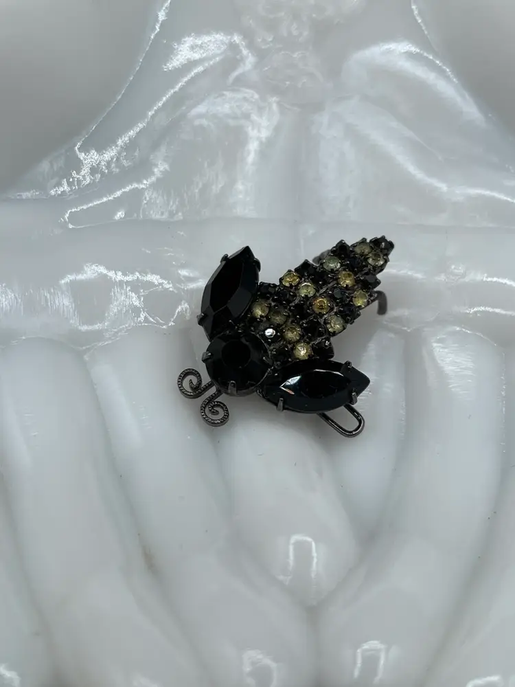#23 Vintage Alex and Ani Marked Bee Insect Black & Clear Crystal Rhinestones Hair Pewter Tone Barrette 1.5” 🐝