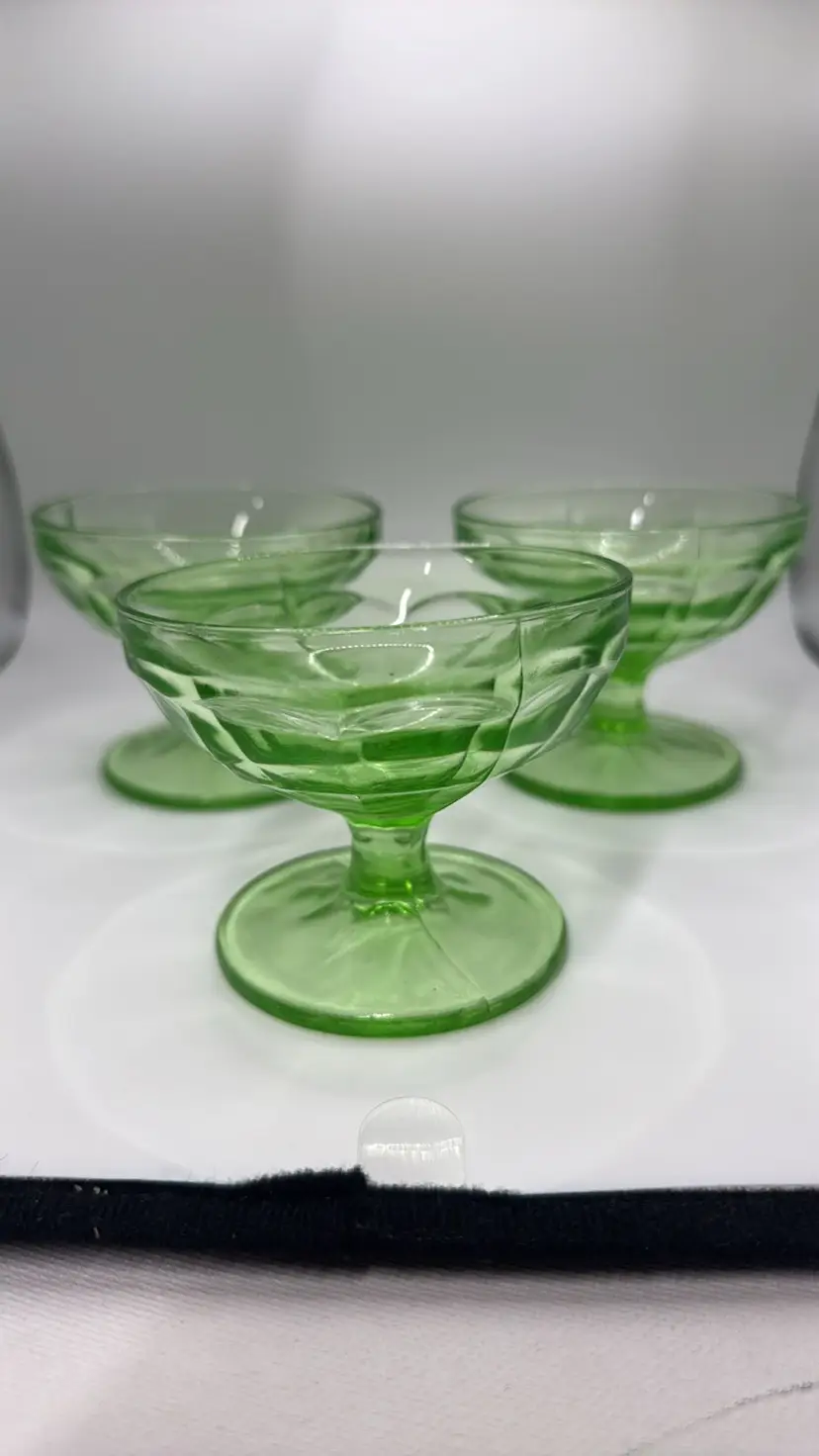 Uranium Glass Desert Sherbet Dish green 3”tall Glows UV Light set of 3