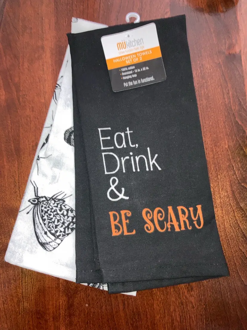 NEW 2 Halloween Towels 15βx22β 100% Cotton! Eat Drink & Be Scary!
