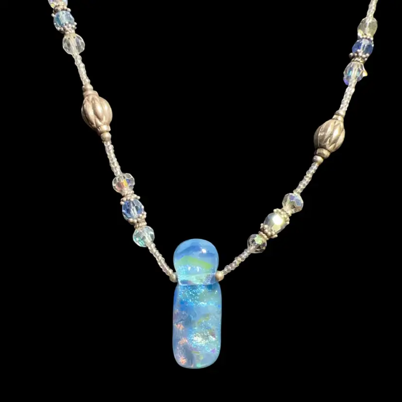 16” Dichroic Glass Necklace With Silver-tone And Iridescent Beads