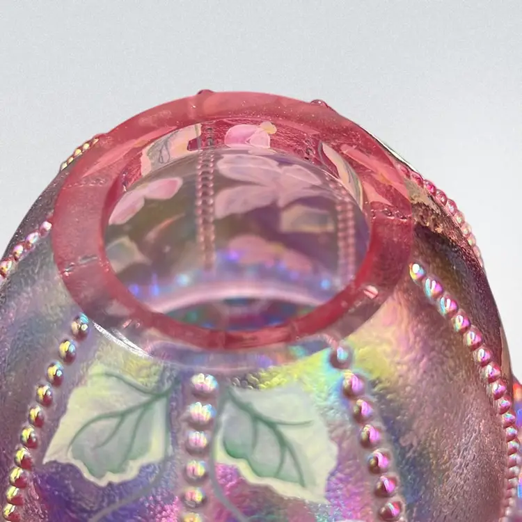 Fenton iridescent pink carnival glass floral hand-painted Fairy light lamp. Signed, Stamped