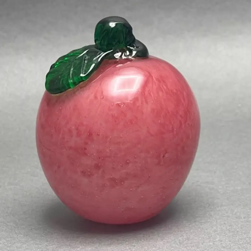 Vintage Studio Art Glass Pink Apple Paperweight With Green Leaf and Stem