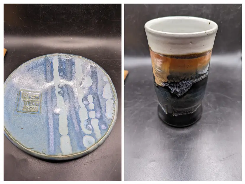 Vintage Studio Art Pottery Plate and Tumbler Signed and Dated