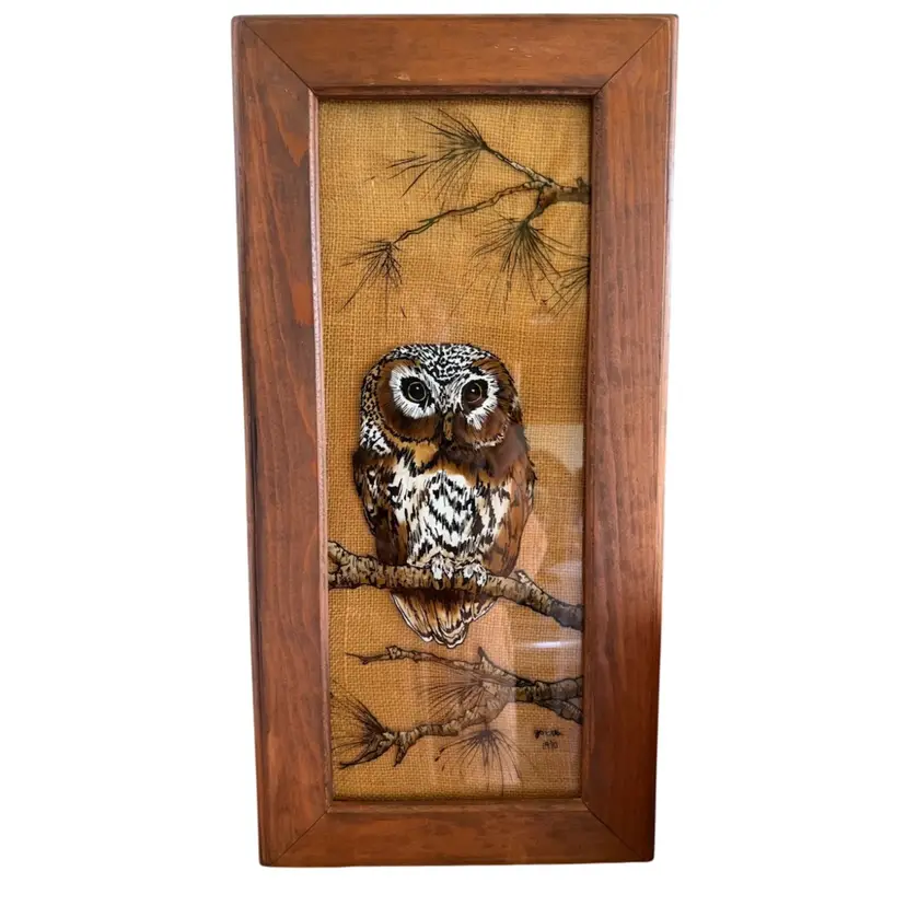 VINTAGE WOOD FRAMED REVERSE GLASS OWL PAINTING PICTURE WALL ART