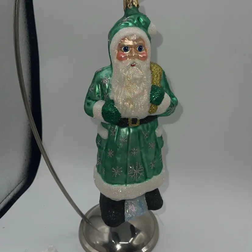 Larry Fraga Santa Claus Silver Turquoise Glittered Christmas Holiday Ornament 8”