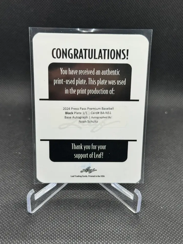 2024 Leaf Press Pass Premium Noah Schultz Auto Black Plate 1/1 Chicago White Sox