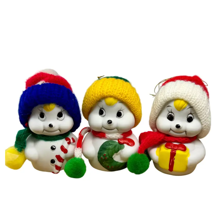 Vintage Set Of 3 Snow Bells Bisque Porcelain Christmas Ornaments Hand Painted - Original Box - Tiawan 
3.5” T x 2” W