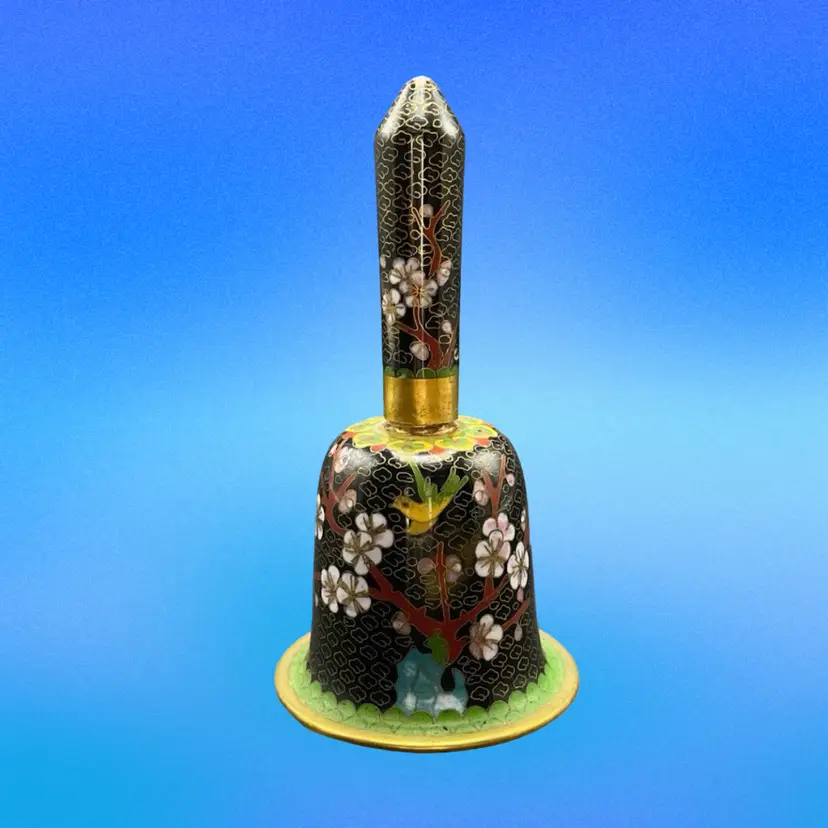 Cloisonne Black Enamel on Brass Bell Bird Floral Cherry Blossoms Vintage