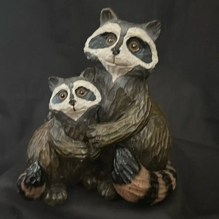 Resin, Mama And Baby Raccoons, Figurine, Statue, 5.75” Sitting Cuddling Cuteness Overload