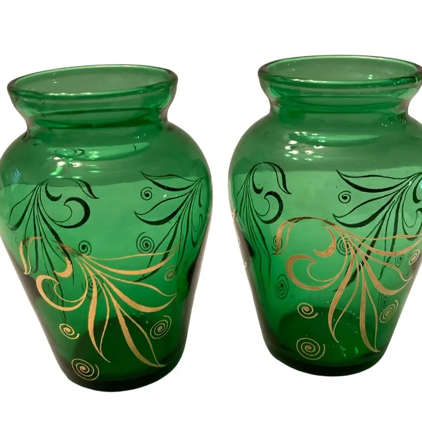 Two Small Green Anchor Hocking Bud Glass Vases