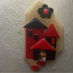 House Pins By Lucinda -  Red And Black Three Part House ~ Door Has A Shiny Raised Bauble ~ Stepping Stones And A Flower In The Sky