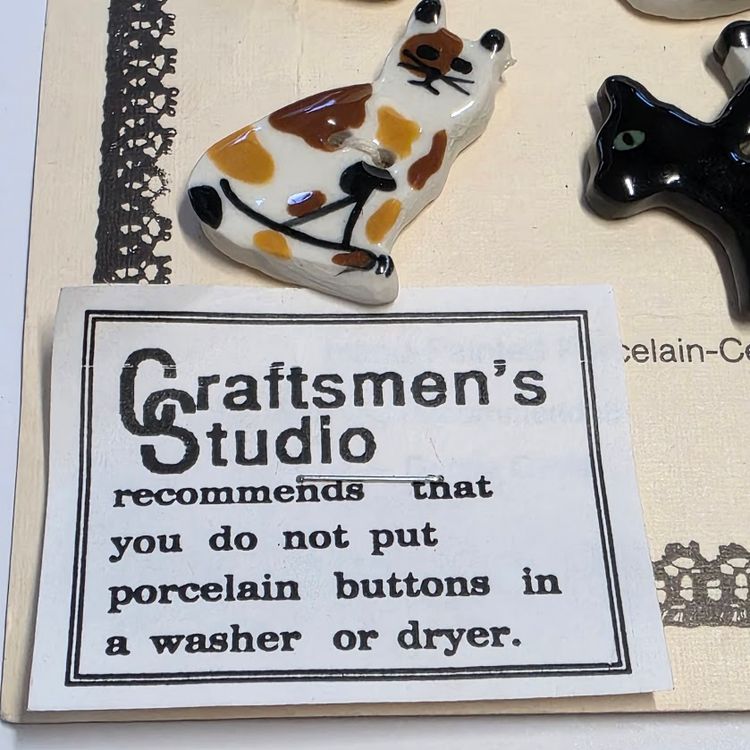 Vintage 1988 Albe Creations Porcelain Cat Buttons Hand-Painted Set Of 6 NOS