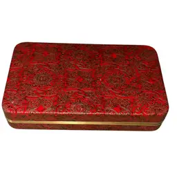 Vintage Red Embossed Clamshell Hinged Jewelry Box With Earring Bar