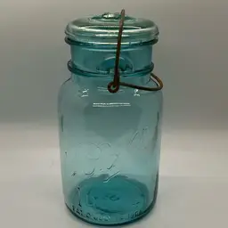 1923-33 Aqua Blue Glass Ball Ideal 1 Quart Canning Jar w/ Lid Wire Side #7 Mold