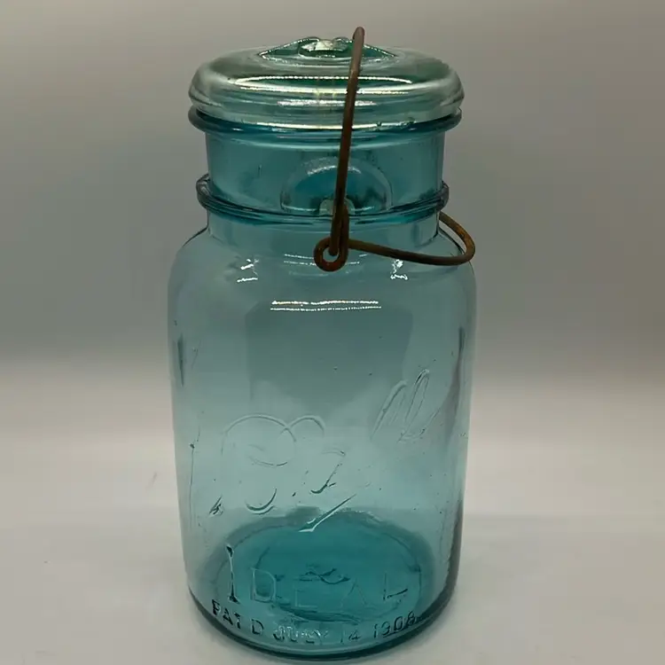 1923-33 Aqua Blue Glass Ball Ideal 1 Quart Canning Jar w/ Lid Wire Side #7 Mold