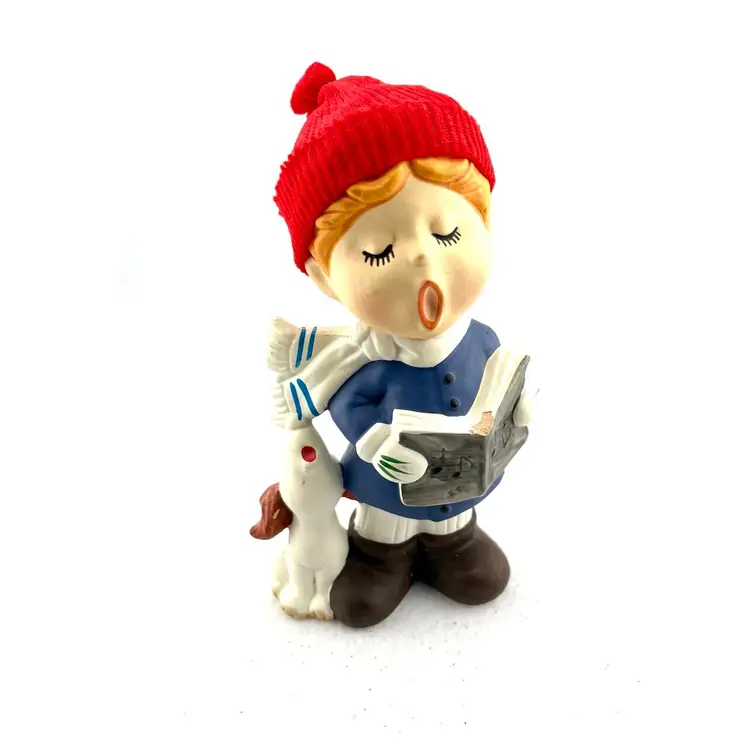 Vintage Ceramic Boy Caroling With His Dog. Boy Has Red Knit Cap By Lund 6.5” Tall x 3.5” Wide x 2” Deep