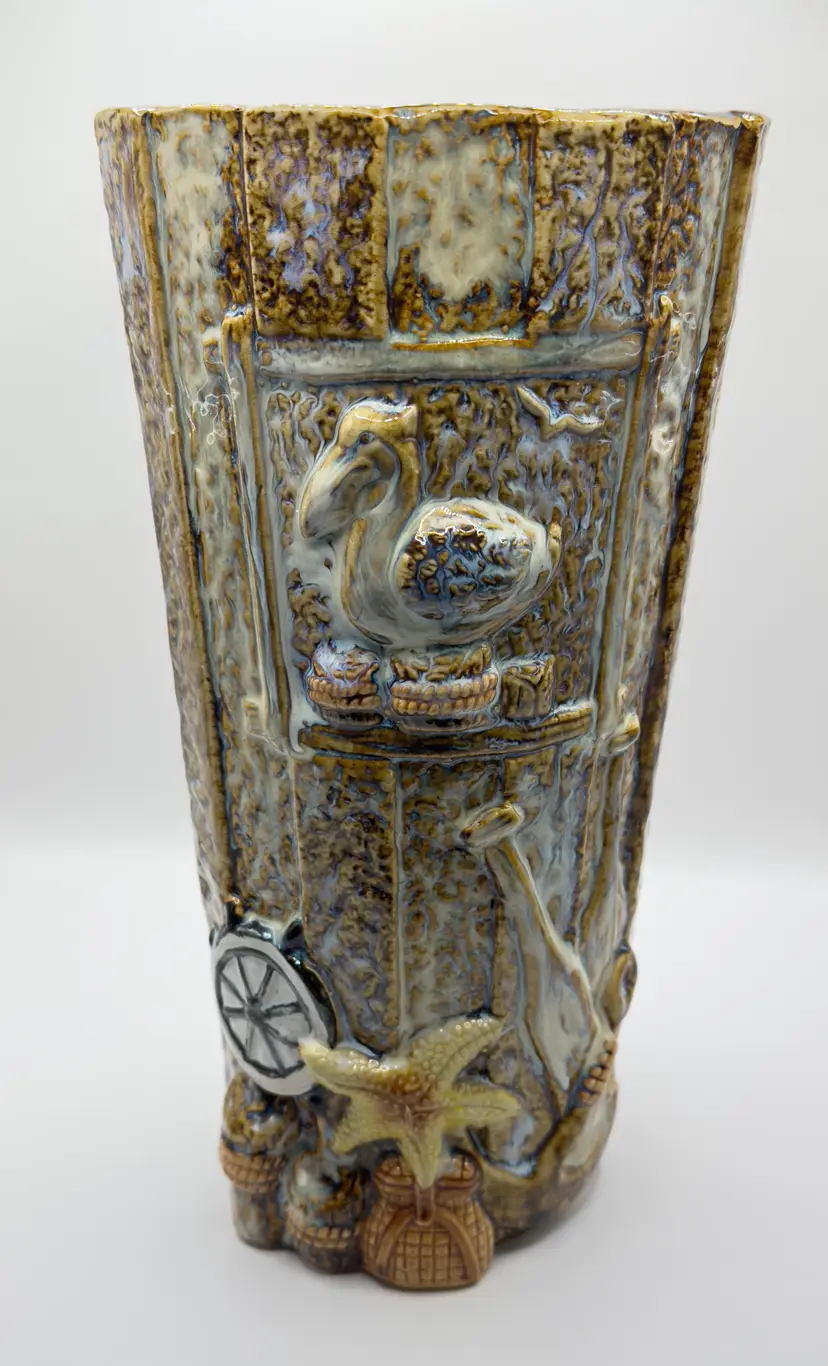 Vintage Beachcomber Nautical Beach Sea 3D Textured Ceramic Vase with Intricate Designs, Pelican, Oars, Octopus, Starfish, Fishing Basket, Captain Boat Wheel, Brown Iridescent Color, Unbranded