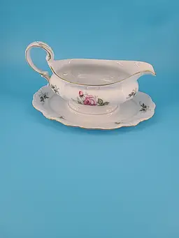 Johann Haviland China Gravy Boat W/Attached Underplate Pink Moss Rose Gold Trim