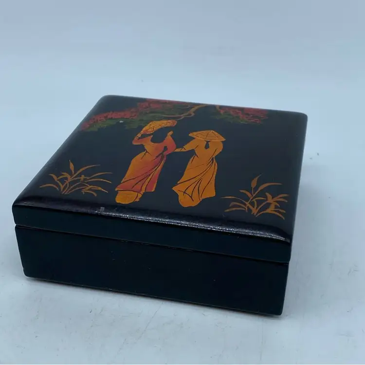 #4105 Vietnamese Foil Art Lacquerware Trinket Box Orange Artwork Decor Figures