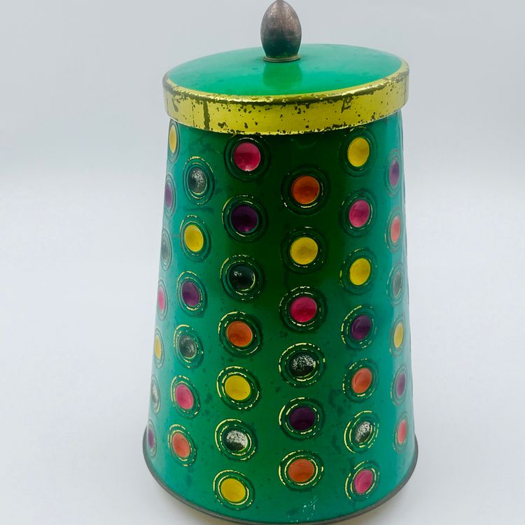 Vintage Mid Century Polka Dot Tin Canister - Green with Colorful Circles