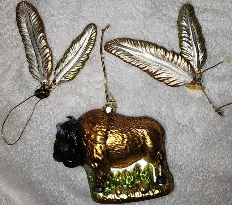 1990's Bronner's Glass Christmas Ornaments 2 Pairs of Feathers & Bison