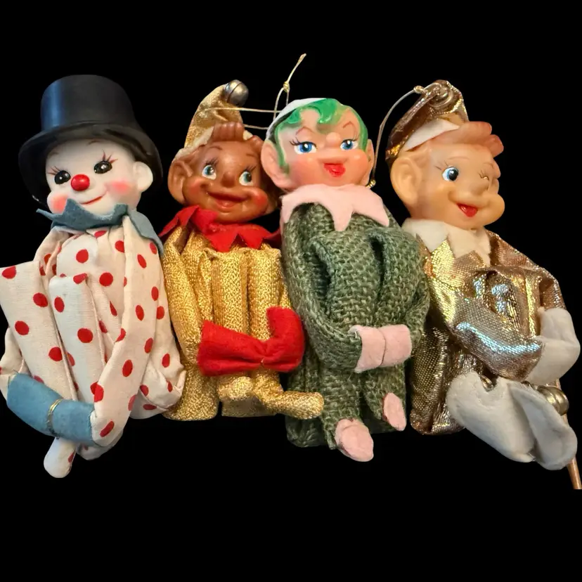 4 Vintage Christmas Japan Knee Hugger Elf Elves & Snowman HTF 6”