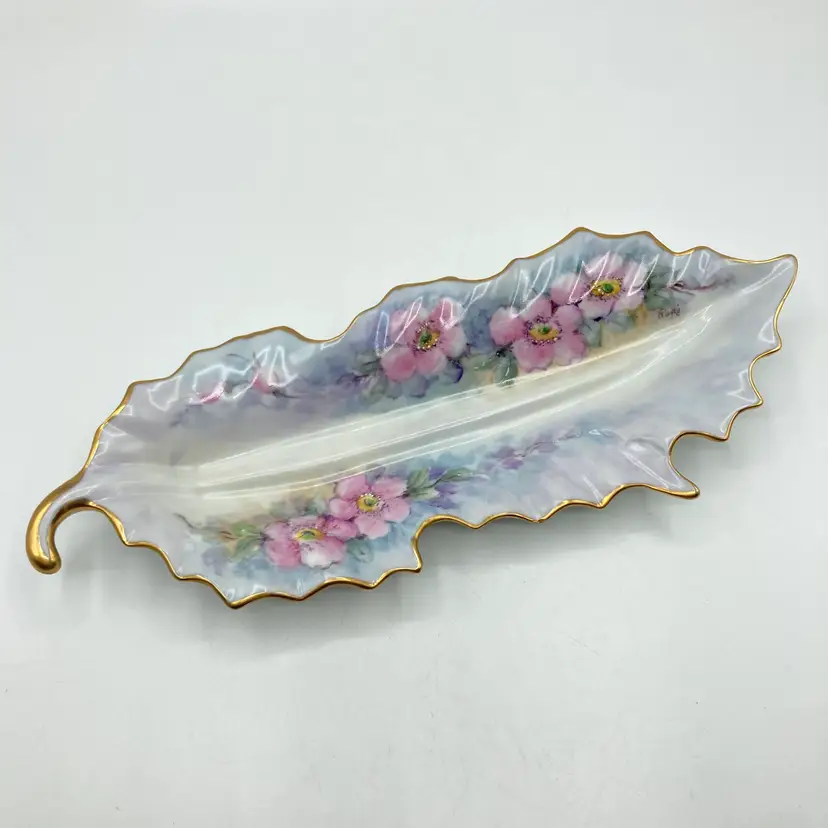 Vintage Hand Painted Pastel Pink Floral Flower Leaf Shape Trinket Dish Gold Gilt 11"