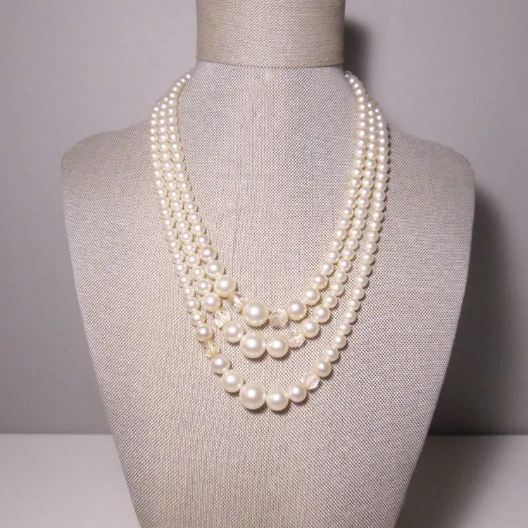 1950's Triple Faux Pearl Necklace with Faceted Crystal Glass Details