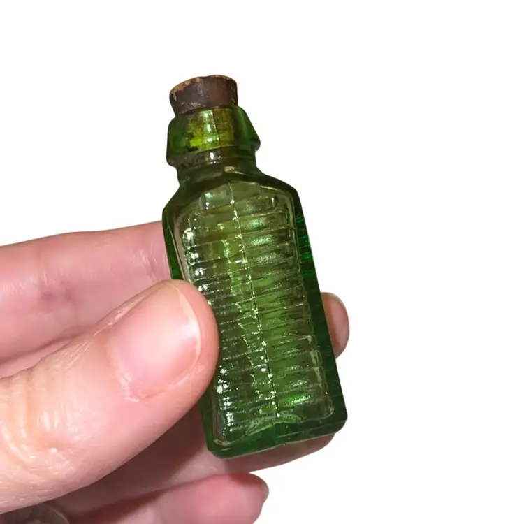 Antique Miniature 2” 3 In One Oil Sample Green Triangular Bottle