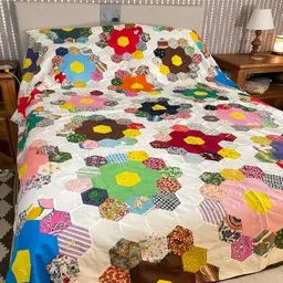 Hand Stitched Tied Patchwork Quilt Coverlet Grandmother's Groovy Flower Garden Vintage 1970s NO Batting 88x91.5"