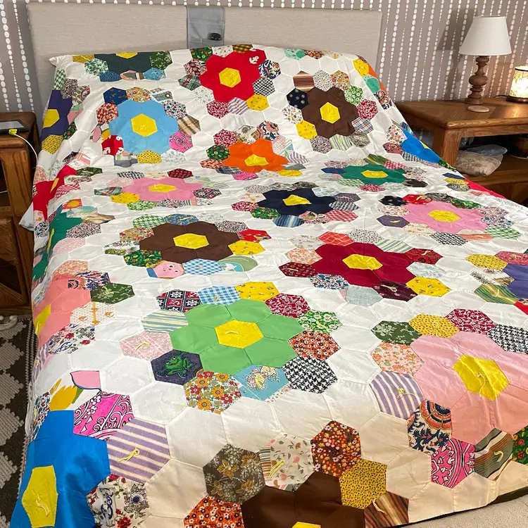 Hand Stitched Tied Patchwork Quilt Coverlet Grandmother's Groovy Flower Garden Vintage 1970s NO Batting 88x91.5"